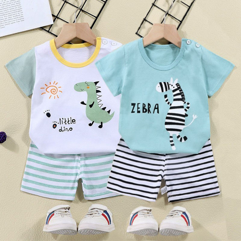 Baby Products For Summer - 綿 Tシャツ + ショーツ 2 ピーストラックスーツセット子供漫画ゼブラ恐竜プリント夏のスーツ子供男の子女の子ベビー
