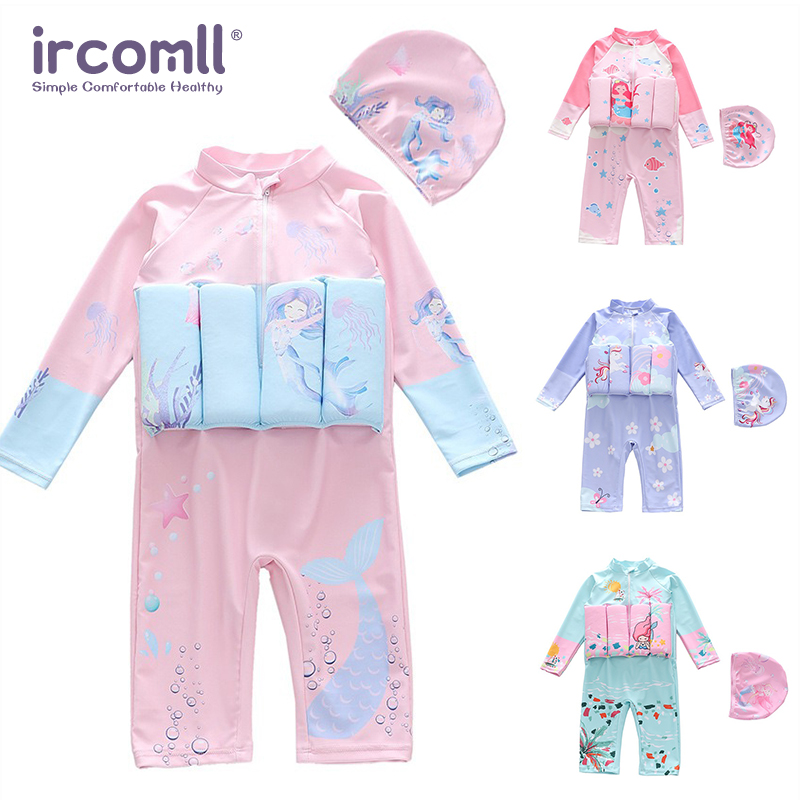 Baby Swimming Floater - Ircomll 女の赤ちゃん浮力フローティング水着長袖ワンピーススカートスタイル水着子供ビーチサーフスーツ水着 + キャップ