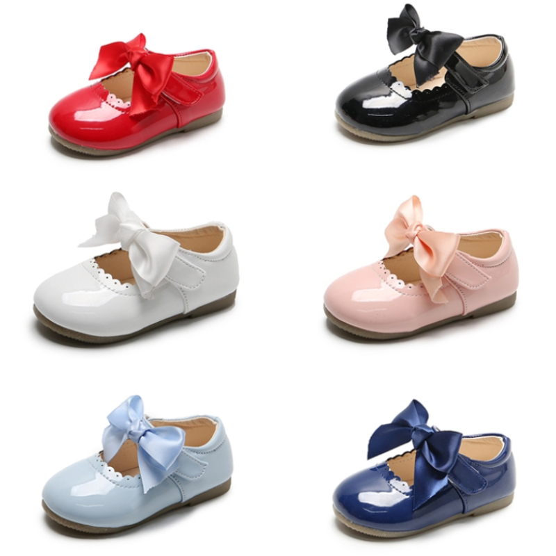 Baby Products For Summer - 最新の春秋の女の赤ちゃんファッションパテントレザービッグリボンプリンセスメアリージェーンズパーティーシューズ無地学生フラットシューズ